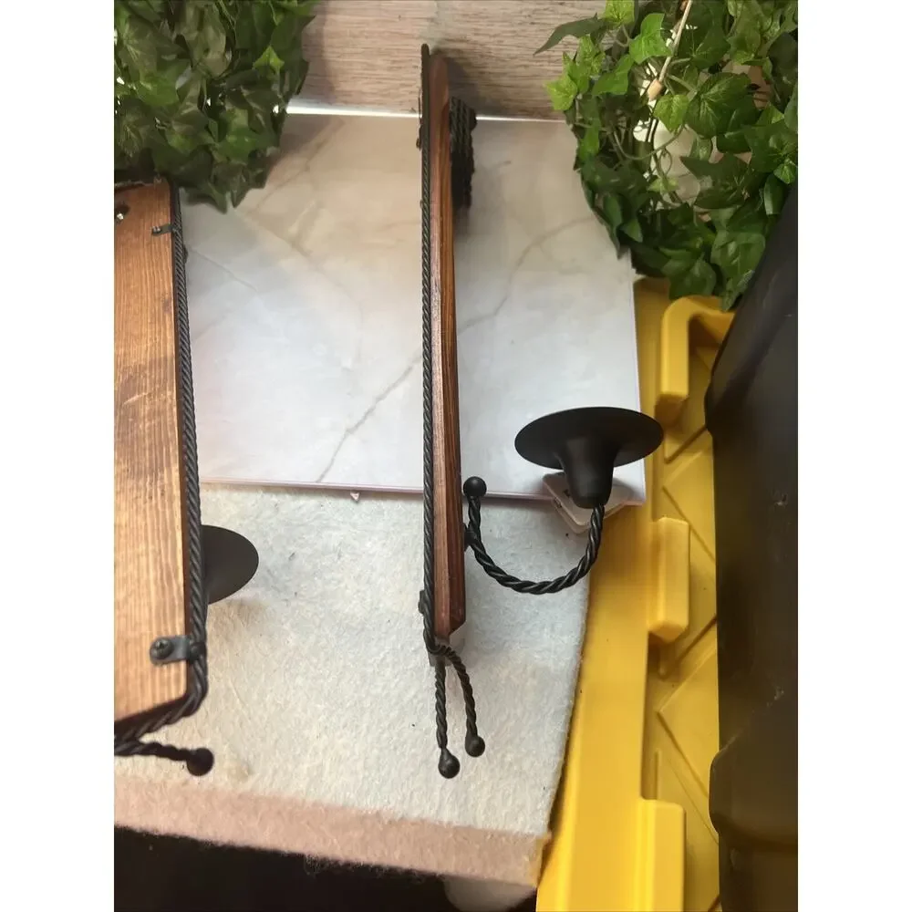 2 Wood Sconces Rustic Farmhouse Black Wrought Iron Twisted Iron Vintage